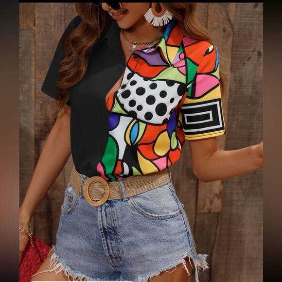 Boho Pop Art Color Block 2 Tone Short Sleeve Button Down Shirt Top Blouse Pink - Picture 8 of 8
